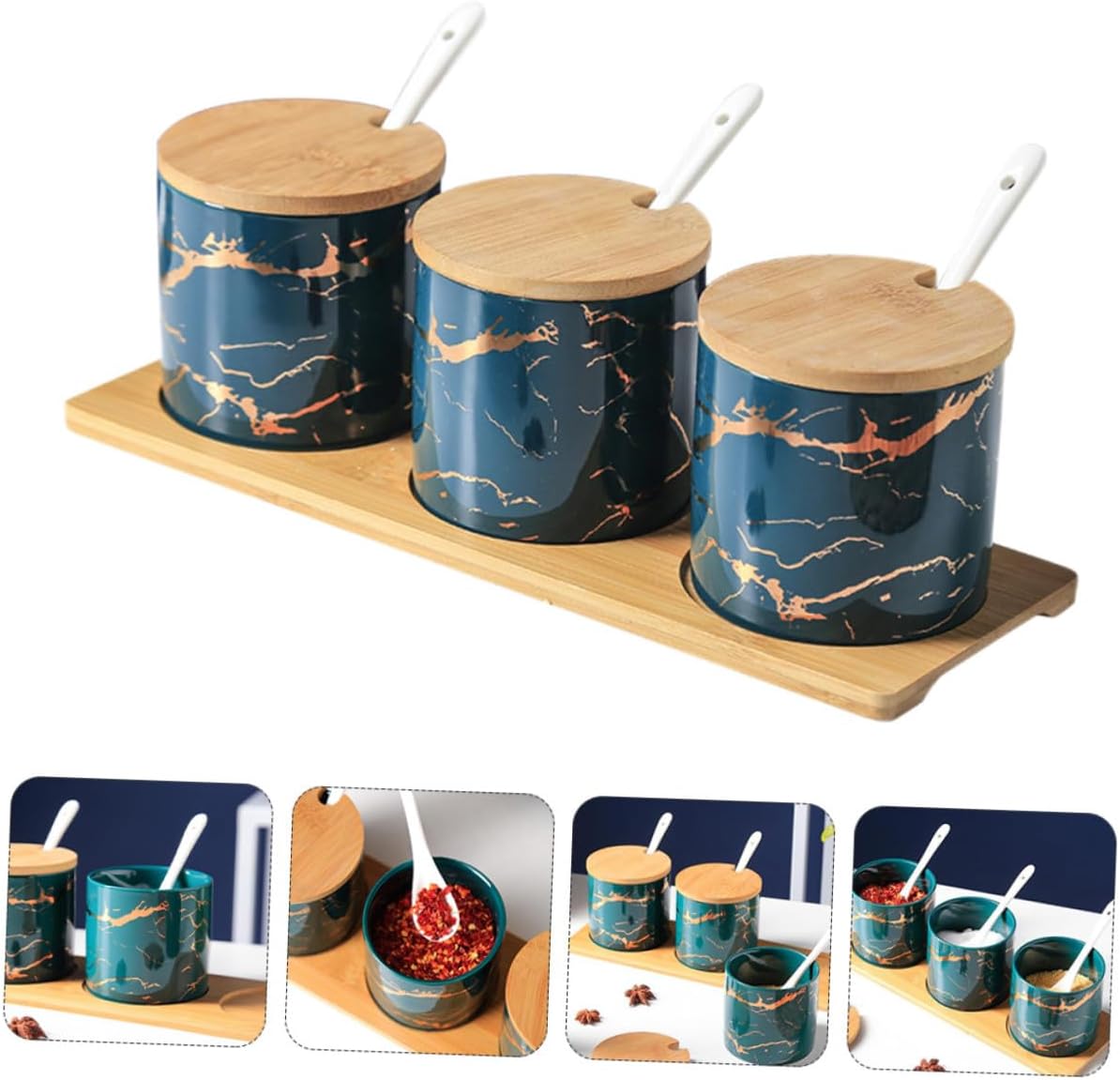 Ceramic Spice Container Set with Lids and Spoons, Emerald Marble Pattern, 3pcs Kitchen Seasoning Jars for Salt, Pepper, Sugar Storage and Kitchen Organizer