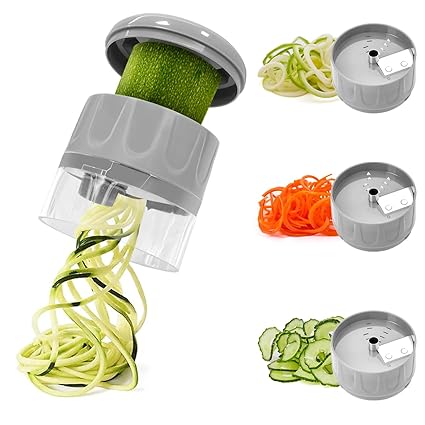 SUREWIN Spiralizer for Veggies, 3 in 1 Handheld Spiralizer Vegetable Slicer, Veggie Spiral Cutter Zucchini Spaghetti Maker Zoodle Maker Adjustable Spiral Slicer, Grey