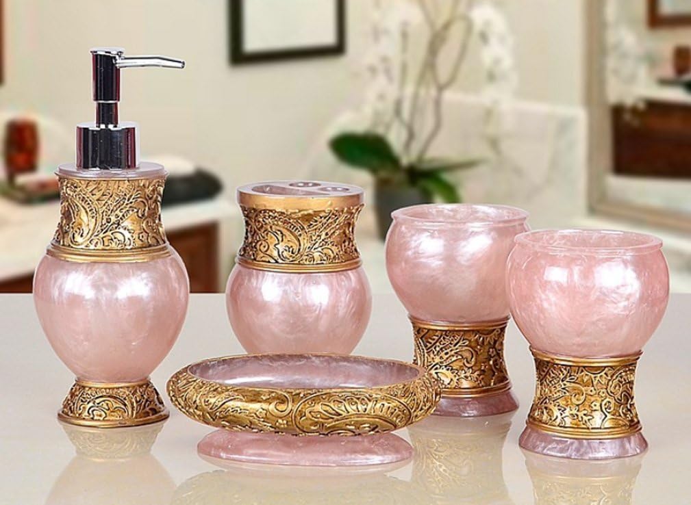 HONGS 5Pcs Vintage European Royal Luxury Bathroom Accessory Set Soap dish, Soap Dispenser, toothbrush holder and tumbler