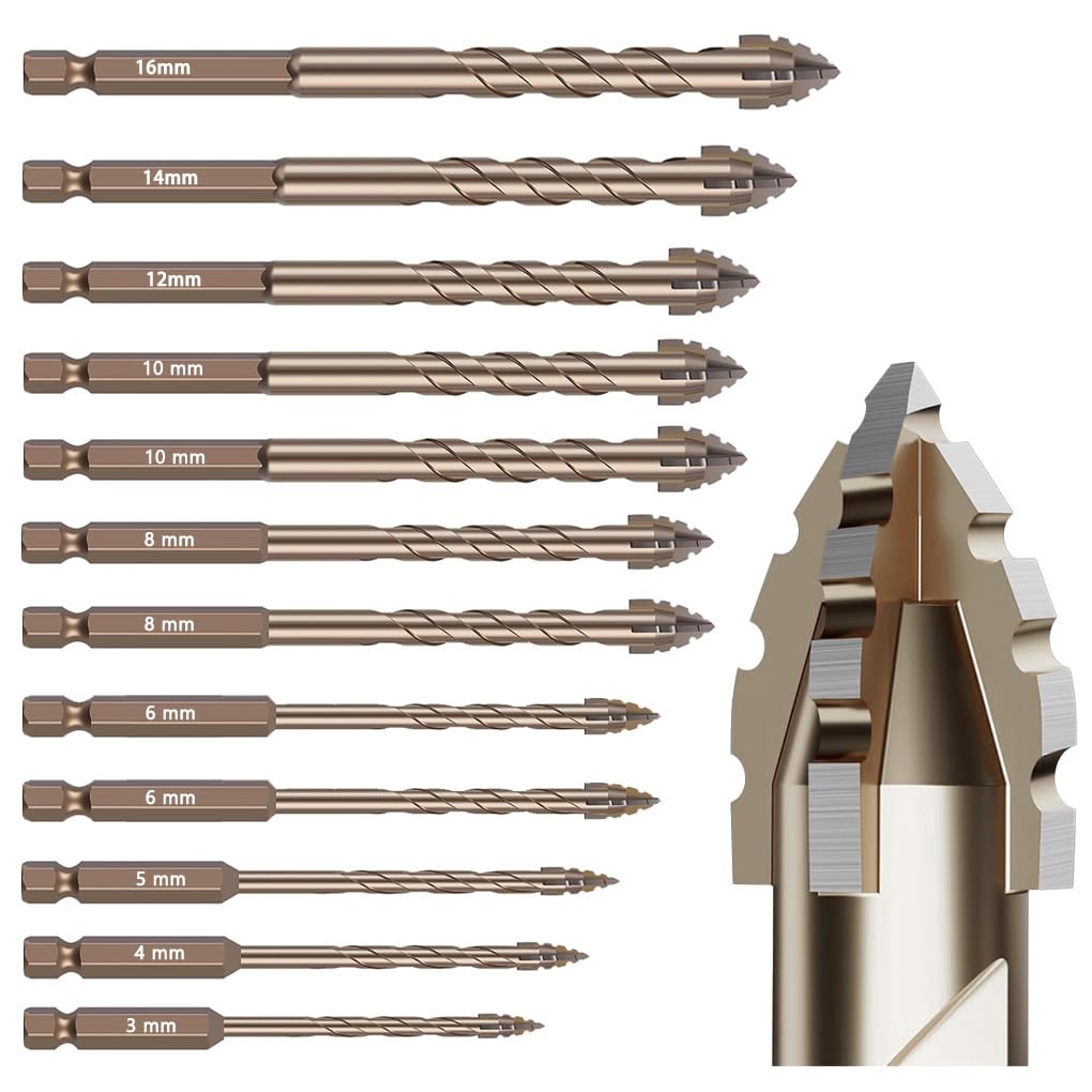 12Pcs Serrated Masonry Drill Bit Set (3-16mm) – Titanium Coated High-Speed Steel, Eccentric Flute Design for Dry Drilling Concrete, Tile, Glass, Brick & Metal – Industrial & Household Use