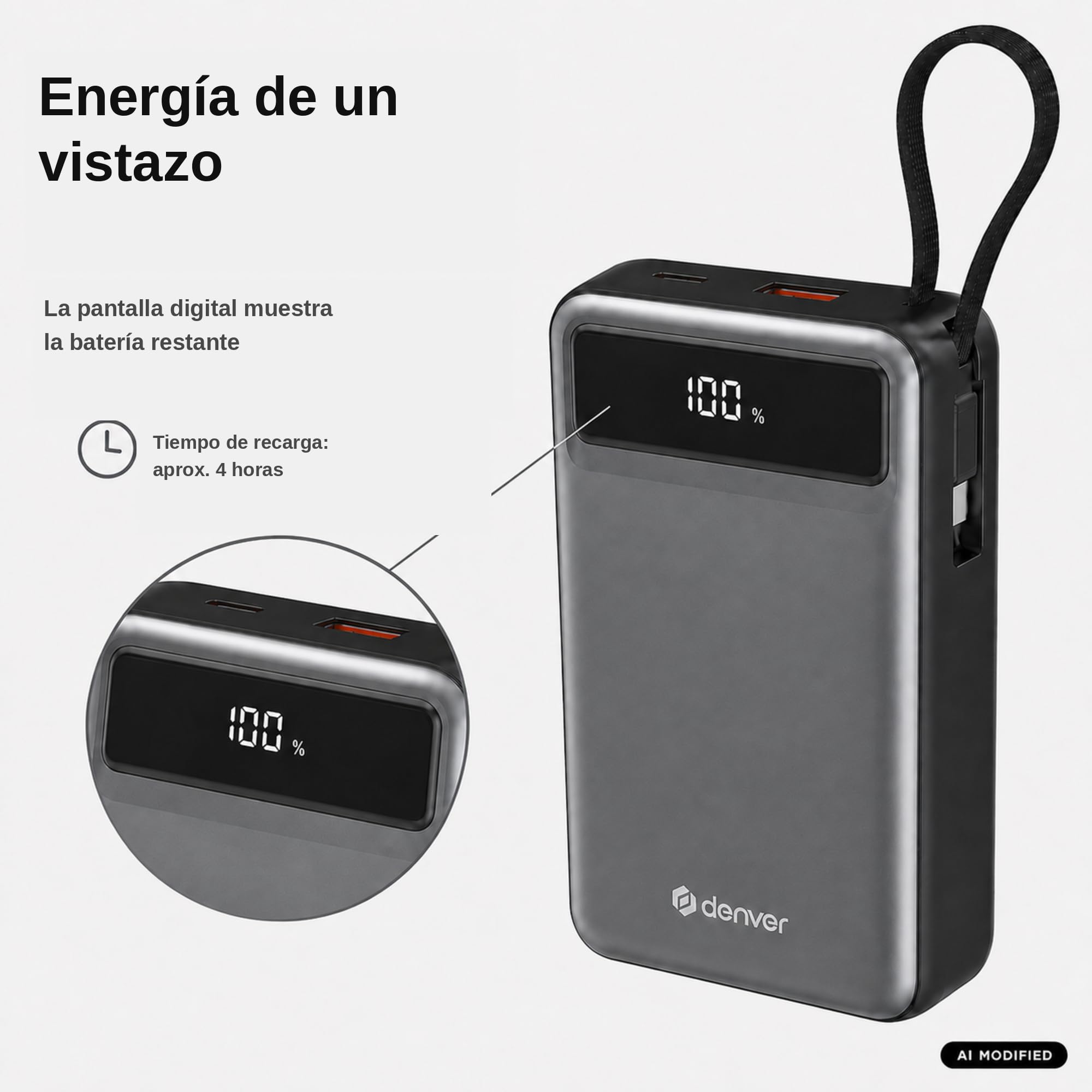 Denver Batería externa de 20.000 mAh, 65 W, carga rápida USB-C PD