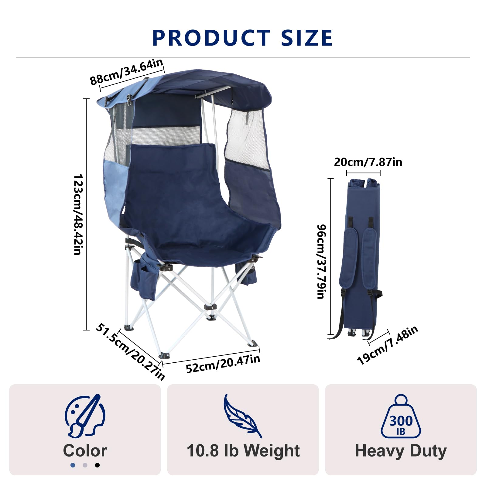 Sillas plegables de camping al aire libre: silla de playa portátil deportiva con toldo, sillas de playa con sombrilla para adultos, silla de camping con sombra para campamento de pesca, resistente