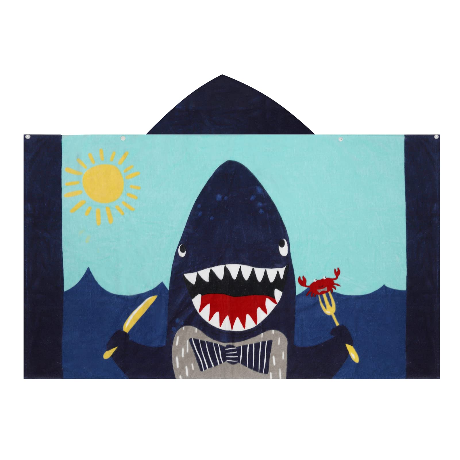BANGSAUR Kids Hooded Beach Bath Towels, 100% Cotton 50"x30" Wrap Towel, Toddlers Boys 3-12 Years Coverup Towel Shark with Knife and Fork