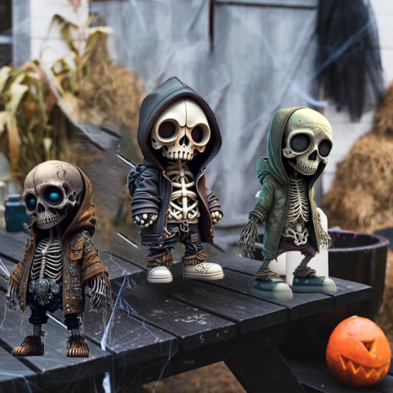Miniatura 4 de 4 figuras de esqueleto geniales, decoración única de calavera de resina, adornos enanos de Halloween, estatua de gnomo de esqueleto para escritorio