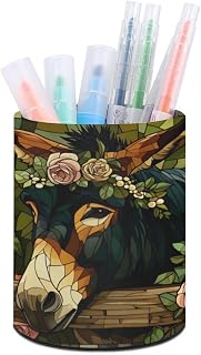 Donkey Stained Glass Rose Floral Pen Holder Round Desktop Storage Organizer Pen Holder for Office,Home,Stationary Supplies
