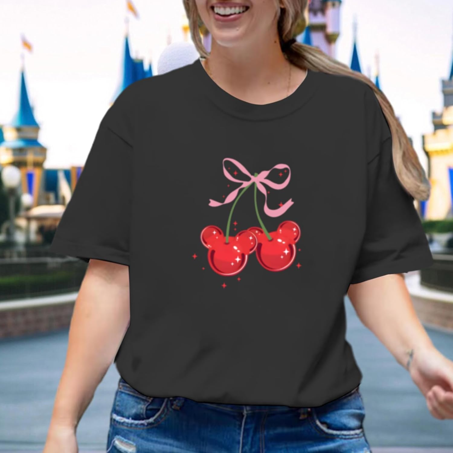 Magical Shirt for Women Cherry Bow Graphic Oversized T Shirt Family Holiday Vacation Funny Cute Aesthetic Tee Tops - Image 3