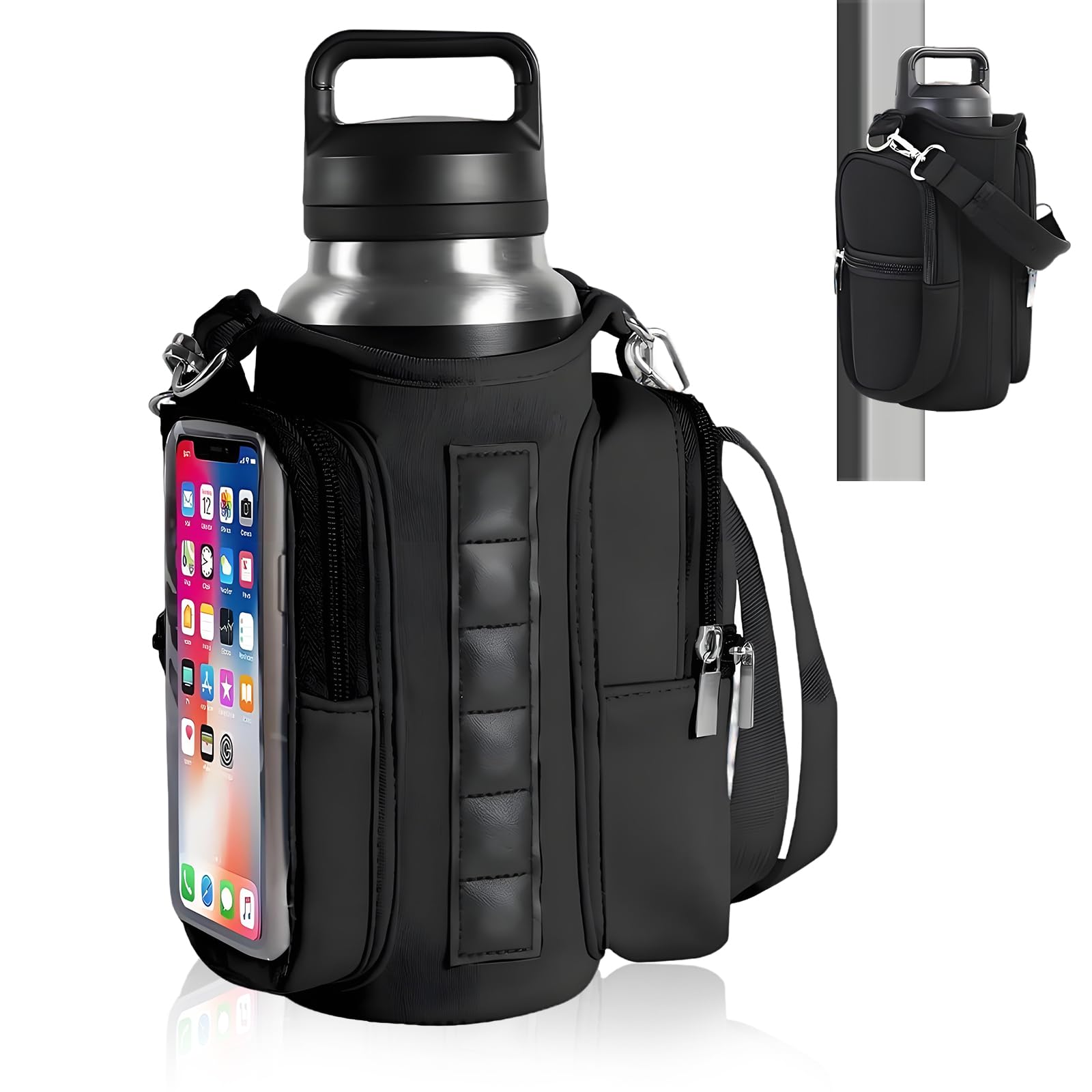 Rayakt Magnetic Gym Bag, Water Bottle Holder with Clear Phone Pouch, Adjustable Crossbody Strap Magnetic Water Bottle Bag, Built-in Magnets Gym Accessories Organizer for Gym, Travel, Workout, Hiking