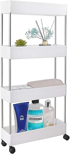 Miniatura 1 de PILITO Carrito de almacenamiento delgado de 4 niveles, organizador móvil con ruedas para baño, cocina, oficina, lavandería, lugares estrechos y