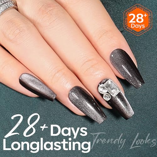 Image of modelones Black Cat Eye Gel Nail Polish Silk Glass Shimmer Black Nail Polish Holographic Glitter Magnetic Polish with Magnet Soak Off Led 15 ML