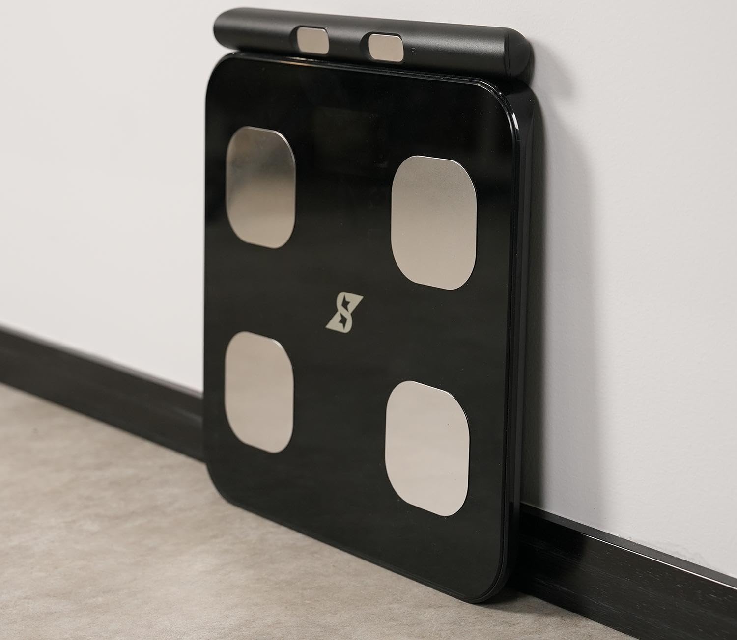 A woman standing on the Speediance Smart Body Fat Scale, with the scale's display visible and a 'Dedicated link APP' icon.