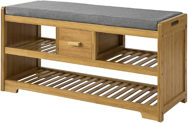SoBuy® FSR75-N, Bamboo 2 Tiers Shoe Rack Shoe Bench with Seat Cushion, Hallway Shoe Storage Bench Organizer with Drawer