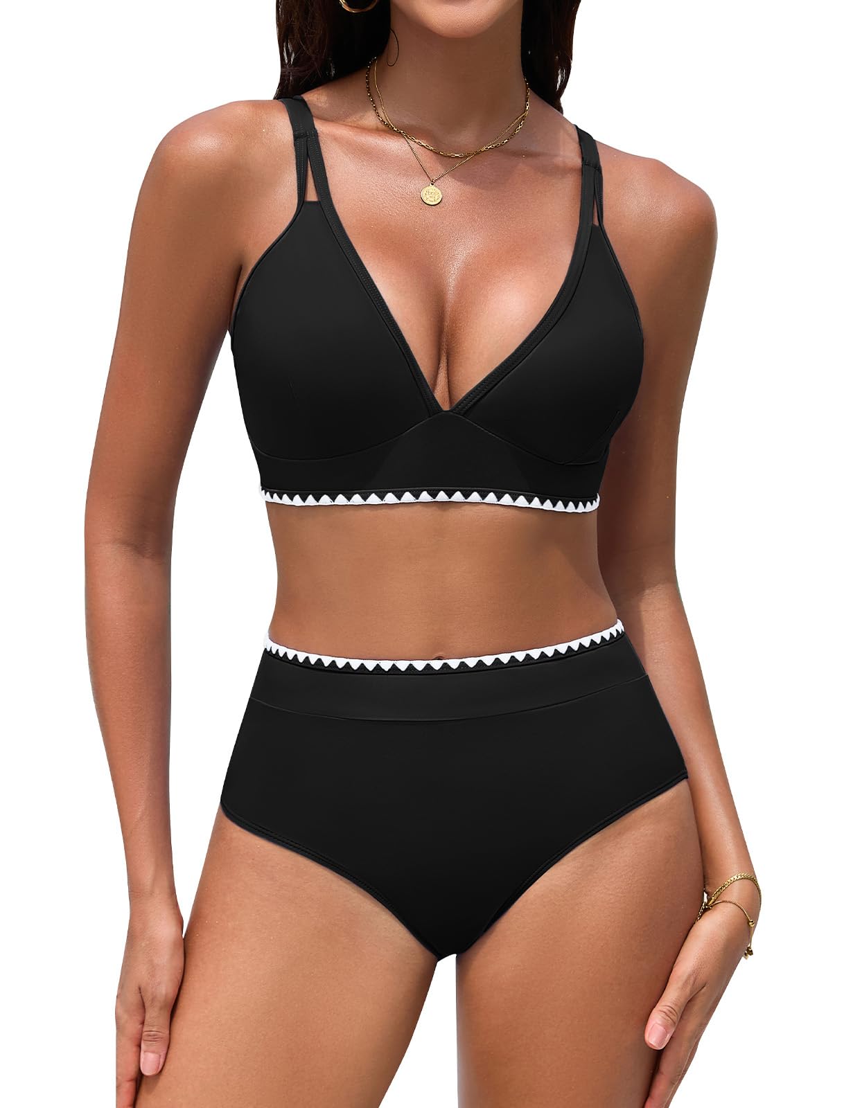 Bikini Mujer Cintura Alta Push Up Cuello En V Bañadores 2 Piezas Pliegues Reductores Control Abdominal