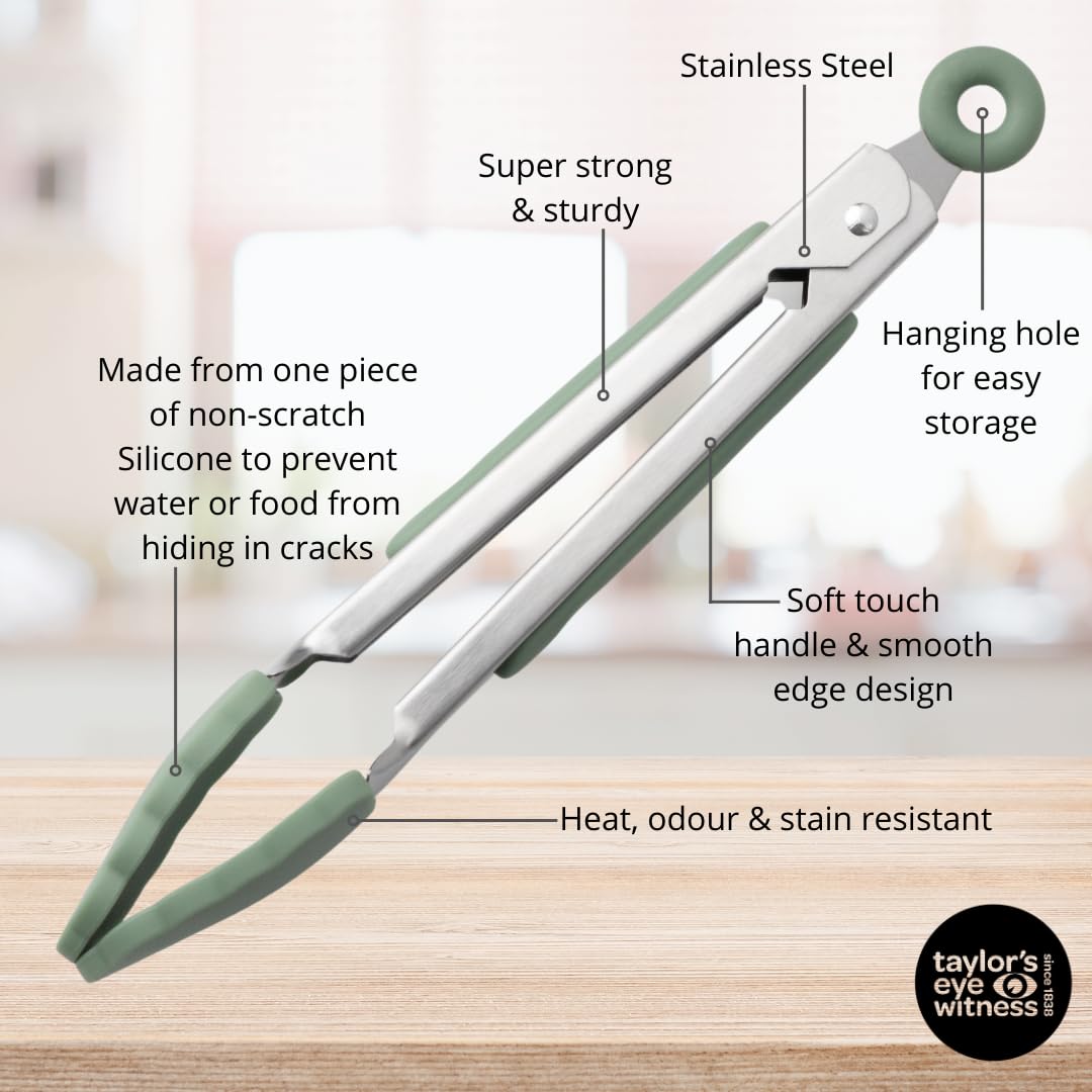 Taylors Eye Witness Small Steel Sage Silicone Tongs, Dishwasher Safe. Sturdy Build - Image 4
