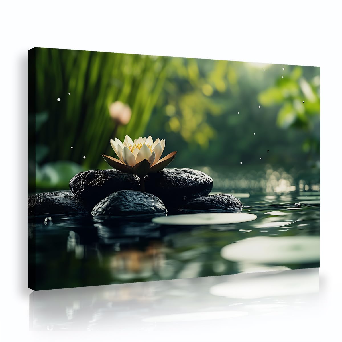Via Vela Spa Bathroom Wall Decor Canvas Art, Lotus Flower Stacking Stones Picture, Japanese Zen Green Bamboo Nature Painting, Framed Poster Prints Artwork 70x110cm