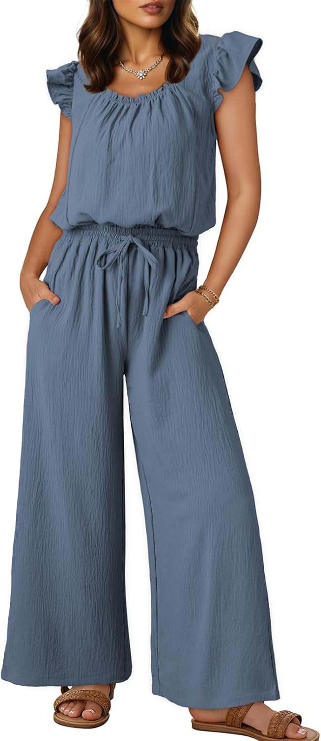 Dokotoo Jumpsuits for Women 2025 Summer Ruffle Sleeves Square Neck Rompers Drawstring Overalls with Pockets