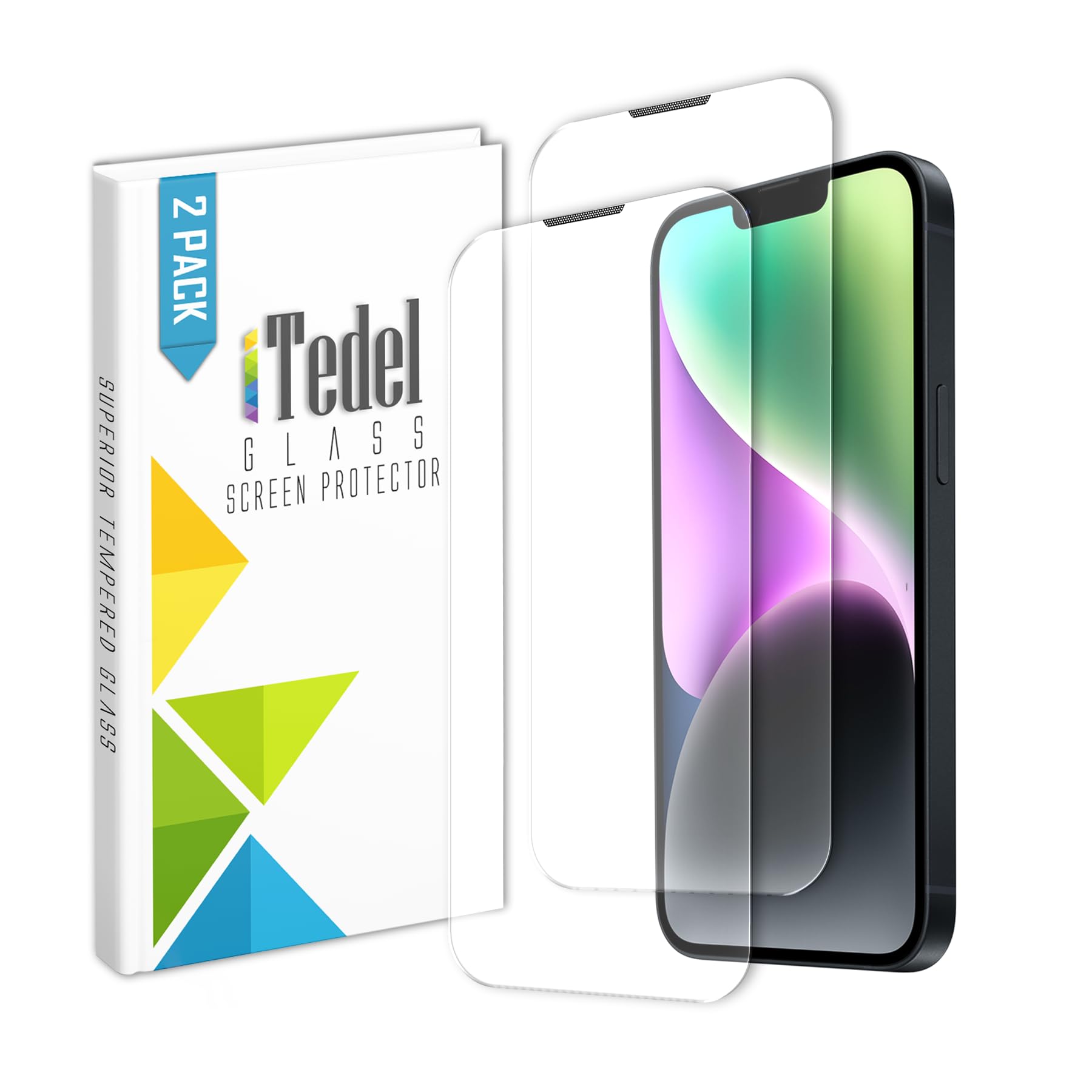 iTedel 2 Pack iPhone 14, 13 & 13 Pro Screen Protector Full Coverage Screen Saver Easy Installation Tempered Glass Anti Scratch, Anti Fingerprint, and Speaker Dust Protection