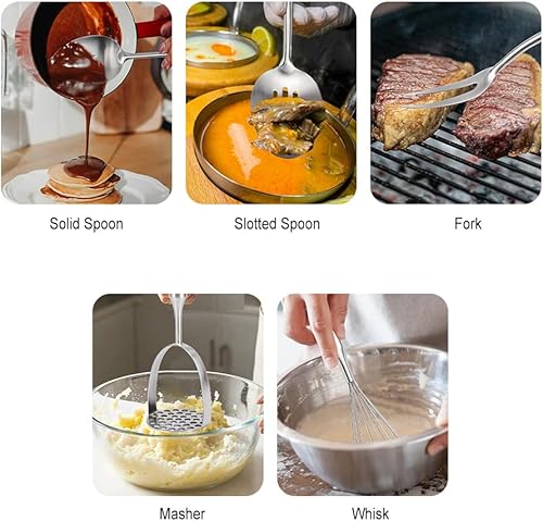Miniatura 4 de Juego de utensilios de cocina de acero inoxidable 304, 11 herramientas de cocina de metal, triturador, tenedor, cuchara sólida, cuchara ranurada,