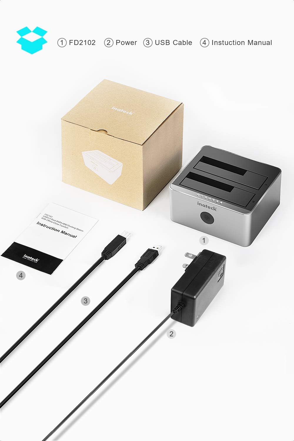 Inateck FD2102 package contents including docking station, power adapter, USB cable, and manual.