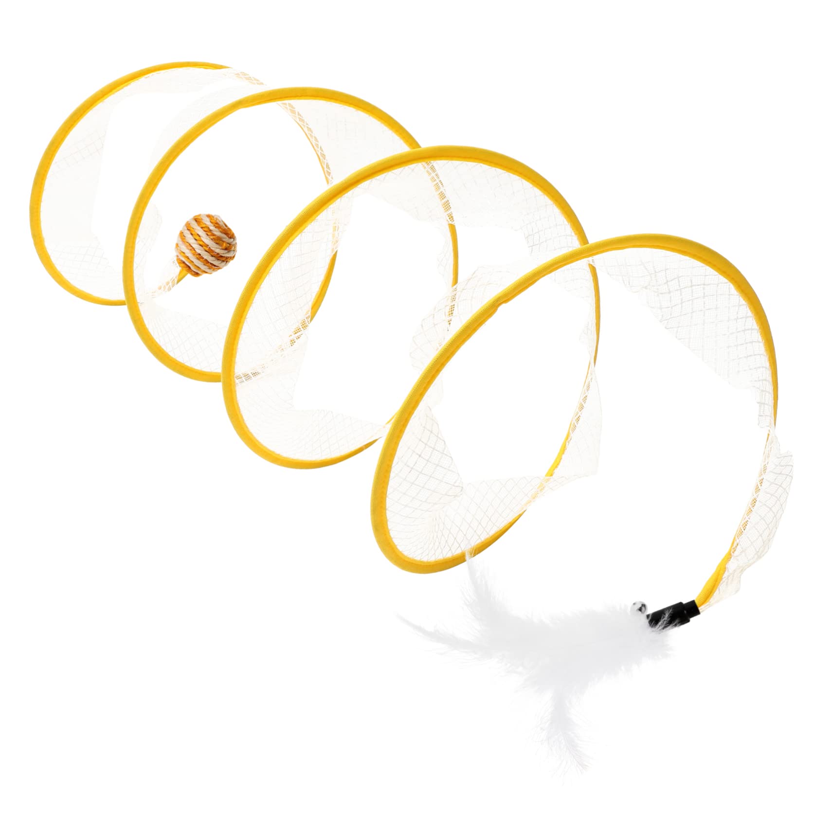 COLLBATH Foldable Shaped Cat Tunnel for Kittens and Cats Interactive Plaything with Ball and Feather Durable Mesh for Indoor Fun
