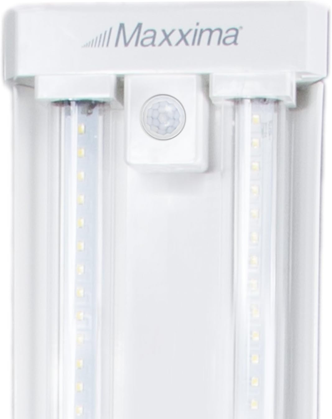 Maxxima 4 ft. Utility LED Motion Sensor Shop Light Fixture - 40 Watt, Linkable, Clear Lens 5000K Daylight 4600 Lumens, Plug in, Pull Chain, Ideal for Garage and Workshop Lighting