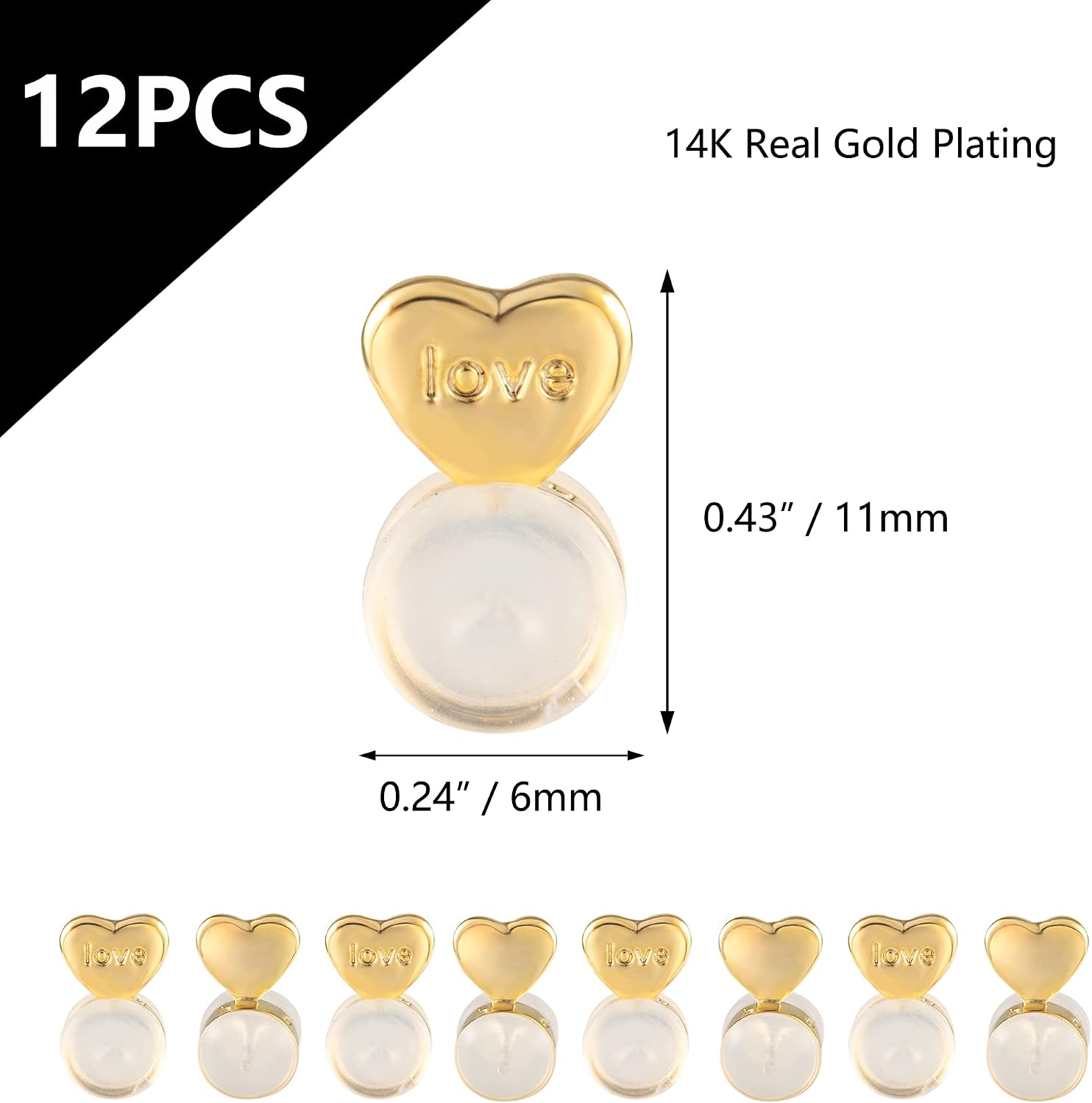 12PCS Heart Silicone Earring Lifter, 14K Gold Plated Love Earring Backs for Studs/Droopy Ears, Hypoallergenic Secure Earring Backs Replacements for Heavy Earrings