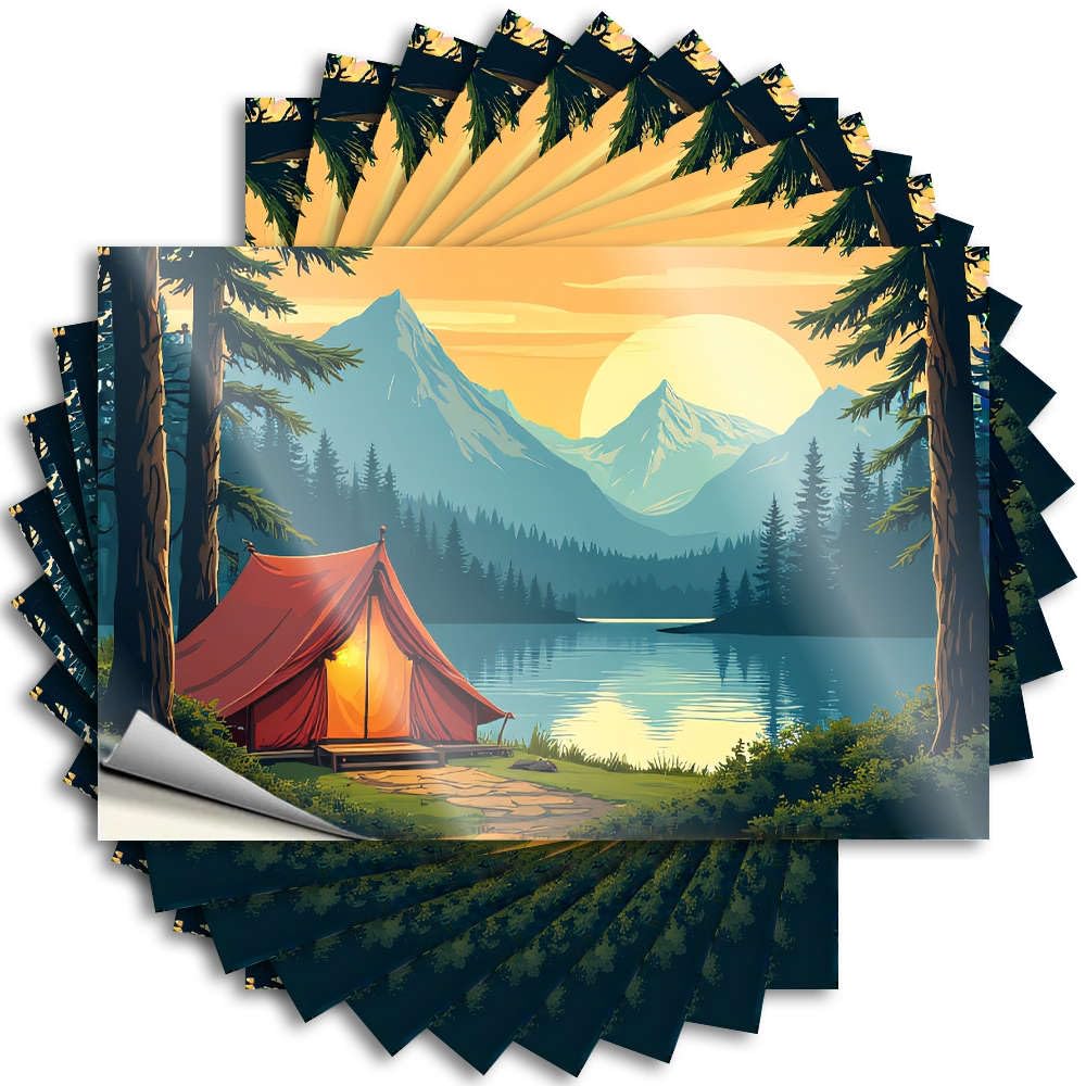 Bedroom Decorations, Funny Sticker Boss Window A Serene Campsite By A Lake with Mountains in The Background. | Cats Waterproof Vinyl Stickers(8X12CM)