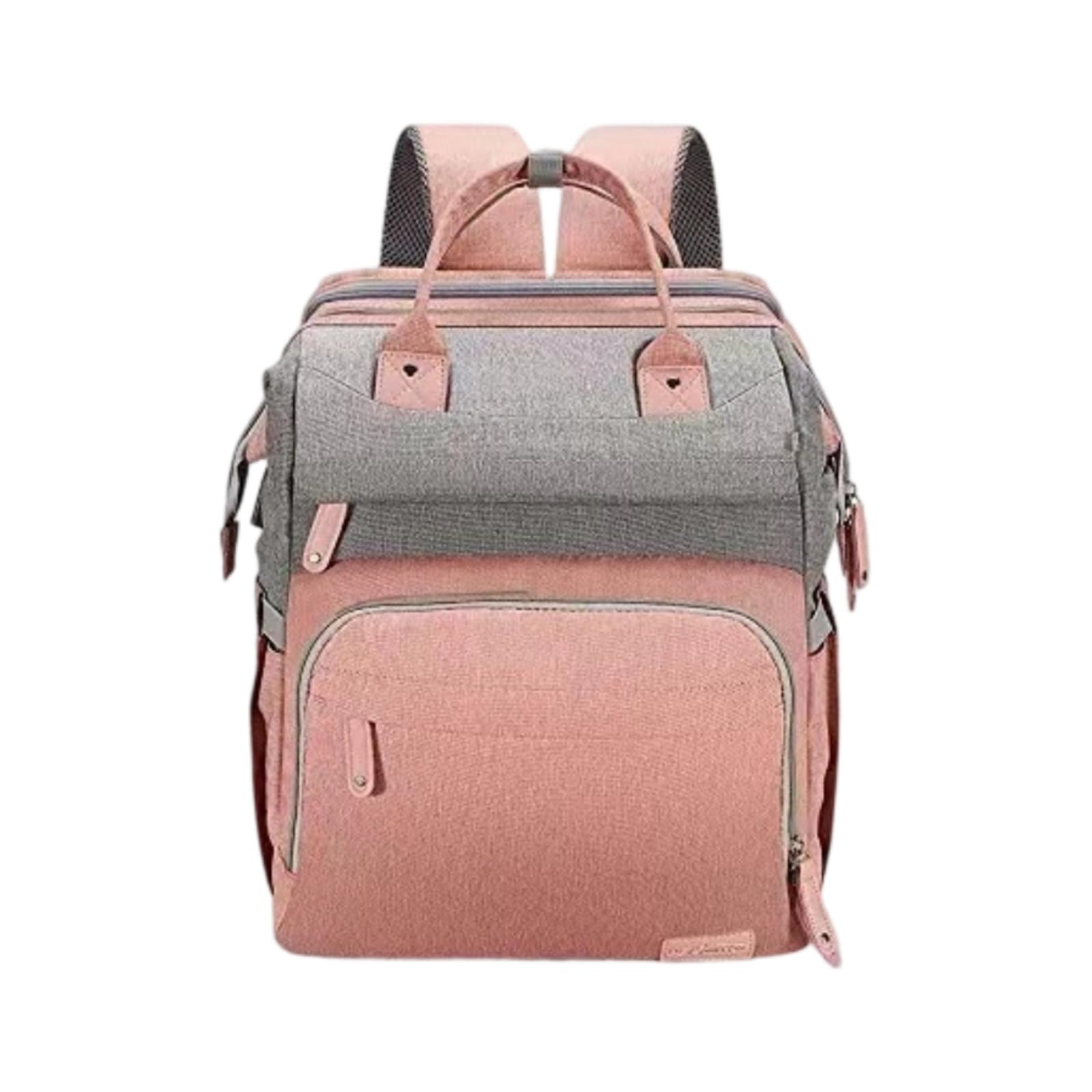 Padded Base Baby Backpack Crib Storage Pockets Fold-Out Baby Bed for Parents, Babies, Outdoor Use, Pink Gray | Diaper Bags | Diapering-image-38