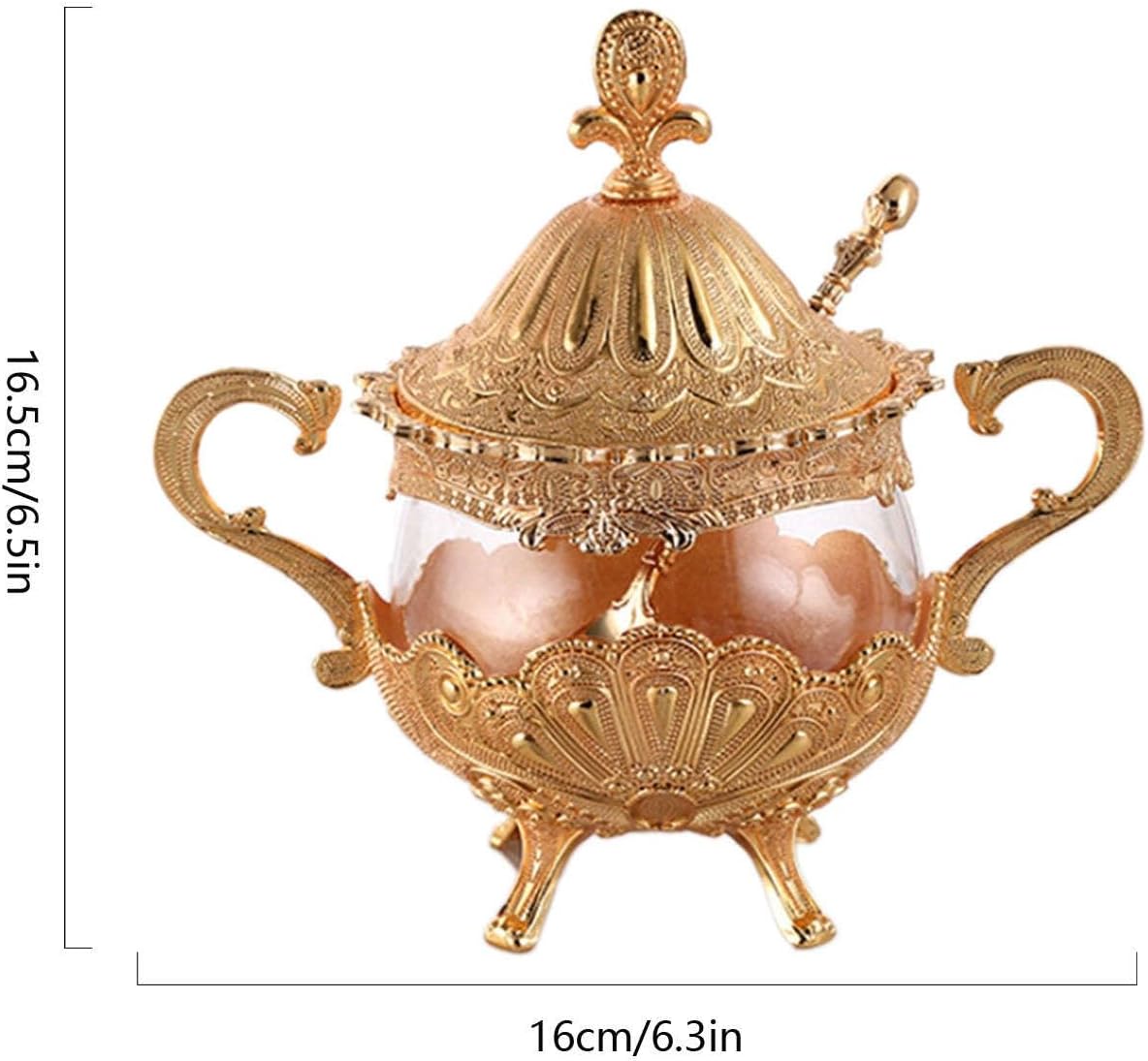 Retro Sugar Bowl with lid, Sugar Bowl with Lid and Spoon, Metal Relief Glass Spice Jar, Candy Holder, Metal Decorative Bowl -Gold-Ceramic (Color : Gold, Size : Glass)