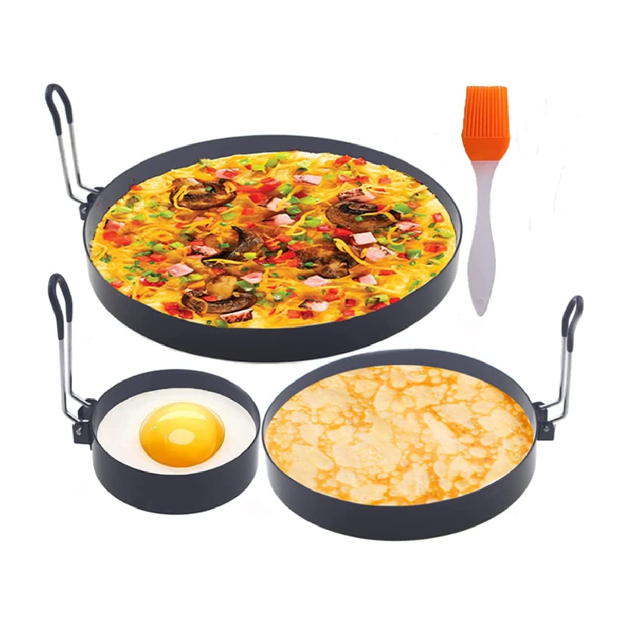 Wlauqueta Black Non-Stick Egg Rings, 4 Inch And 6 Inch And 8 Inch Pancake Rings, Egg Baking Mould Fried Egg Poacher With Brush For Egg Omelette Muffin