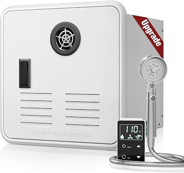 RV Tankless Water Heater with Front Shower Set, 65,000 BTU, 3.9 GPM, 2.80kPa, 12V Instant Endless Hot Water, Remote Control, Front Outlet for All RVs, 15 x 15 inches White Door