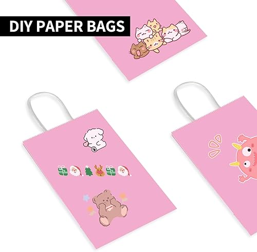 Miniatura 5 de Toovip Paquete de 100 bolsas pequeñas de papel kraft de 5.25 x 3.25 x 8.25 pulgadas, color rosa claro con asas, a granel, bolsas de papel de estraza