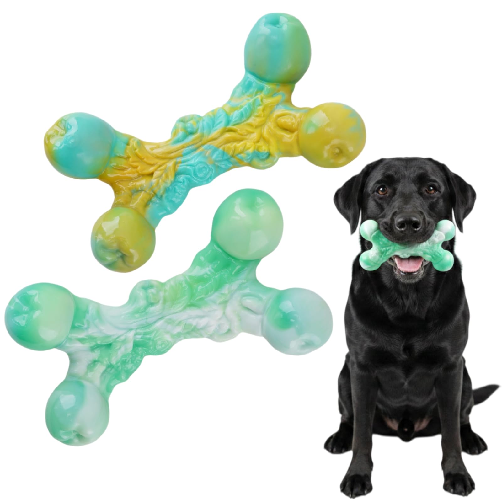 Paquete de 2 juguetes indestructibles para perros masticadores agresivos, huesos de nailon resistentes con sabor a tocino para perros medianos y grandes (2 unidades, tocino, verde)