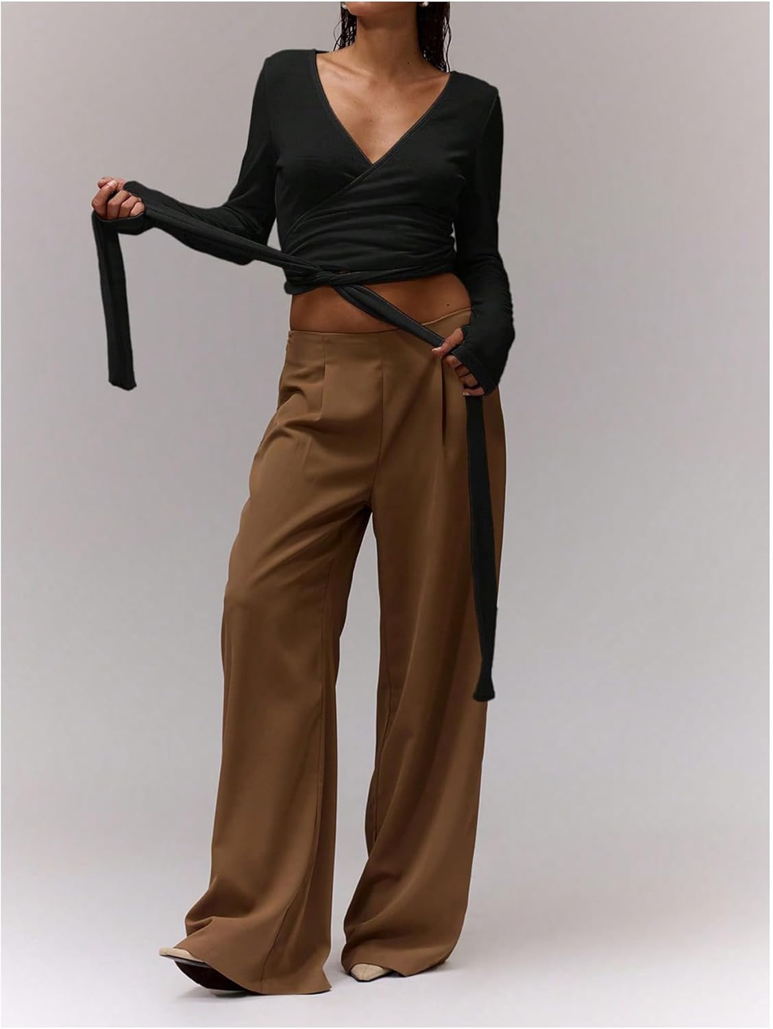 Milumia Women's Ballet Wrap Top Cross Tie Long Sleeve V Neck Crop Tops Pilates Yoga Shirt - Image 3