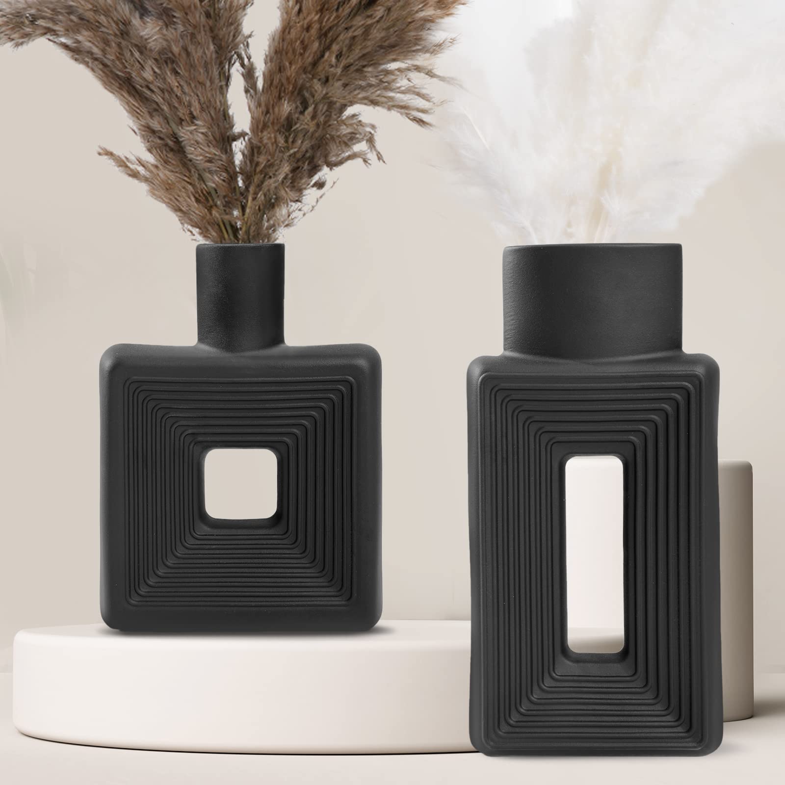 Hismir Black Ceramic Vase Set of 2?Square Flower Vases for Modern Home ...