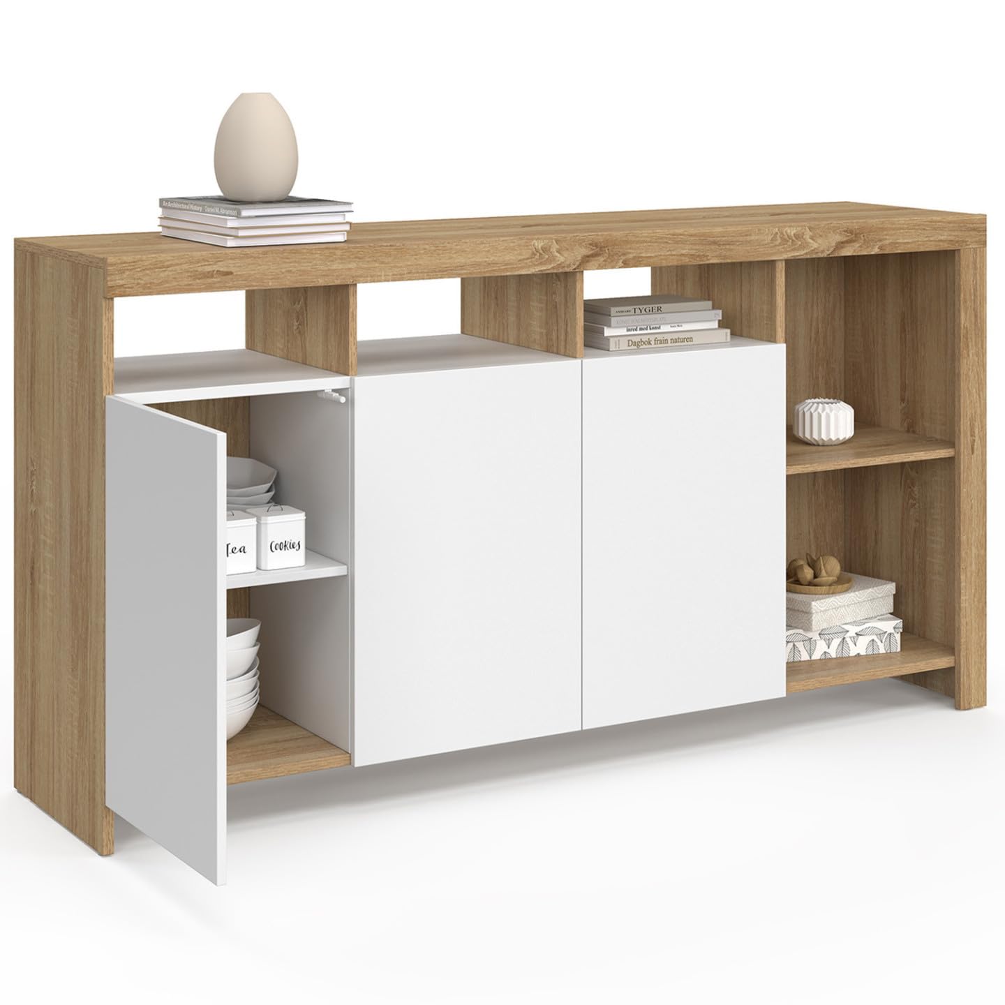 IDMarket - Buffet 140 cm Malo Bois façon hêtre et Portes Blanches