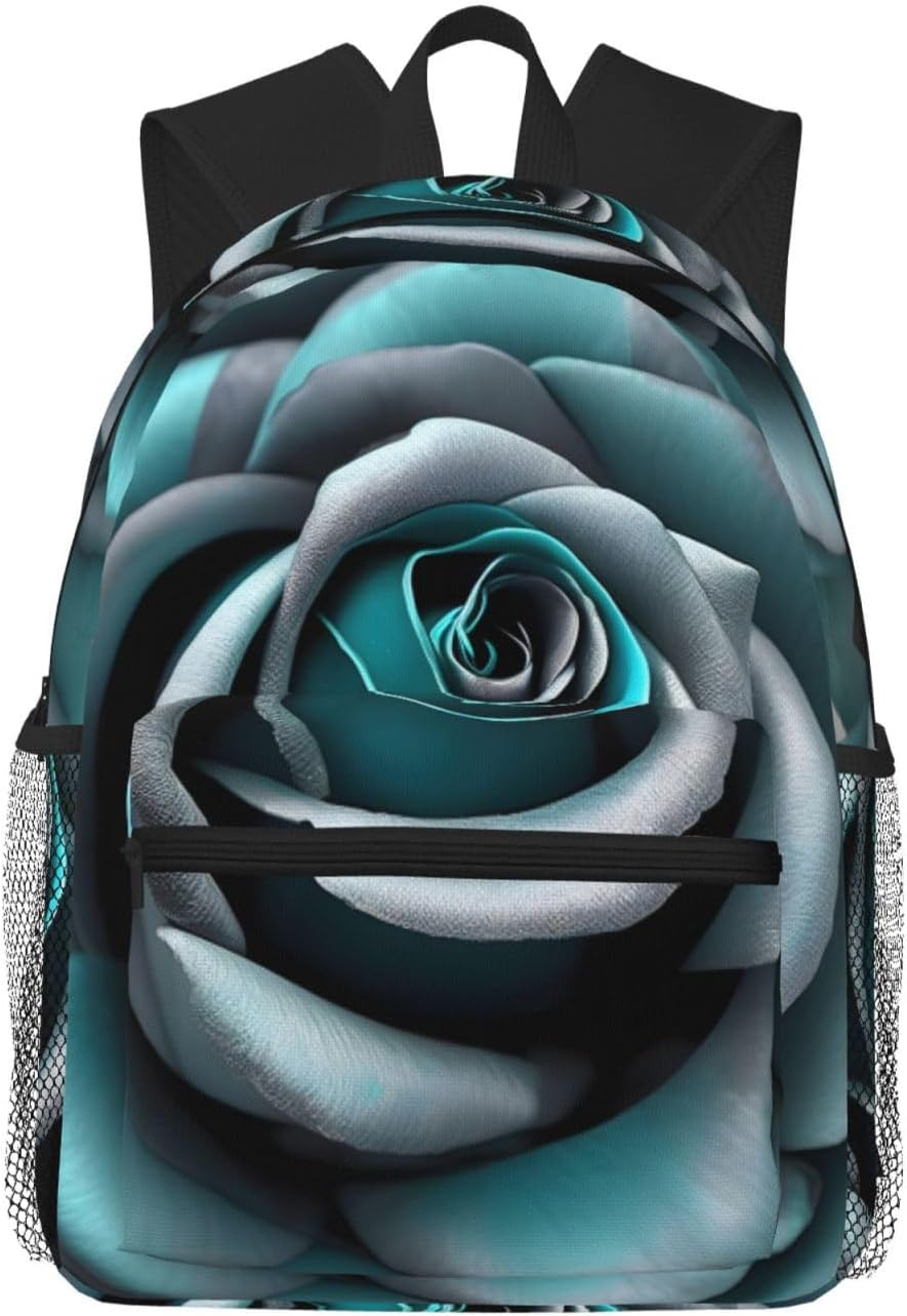 Teal Gray Rose Print Lightweight Casual Backpack For Women Travel Daypack Gym Backpack For Men Book Bags, SB-122