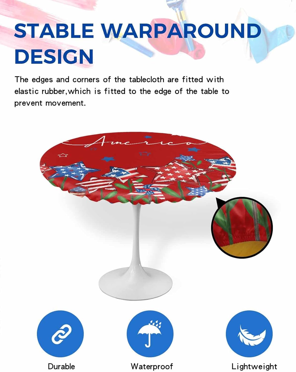 4th of July Table Cover Elastic Fitted Round Table Covers Tablecloths, Red Waterproof Outdoor Table Cover for Party, Patriotic Star Fire Picnic/Patio/Dining Table Cloth, Fits Tables up to 55"-60"