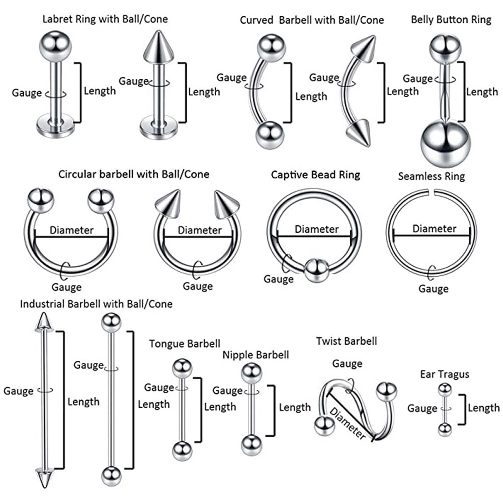 Wycian Nostril Piercing Set, Piercing Naso Argento Sottile 150PCS Acciaio Inossidabile Forma a C, Forma a S, Perno a Cerchio 1.2Mm/1.6MM per Femme