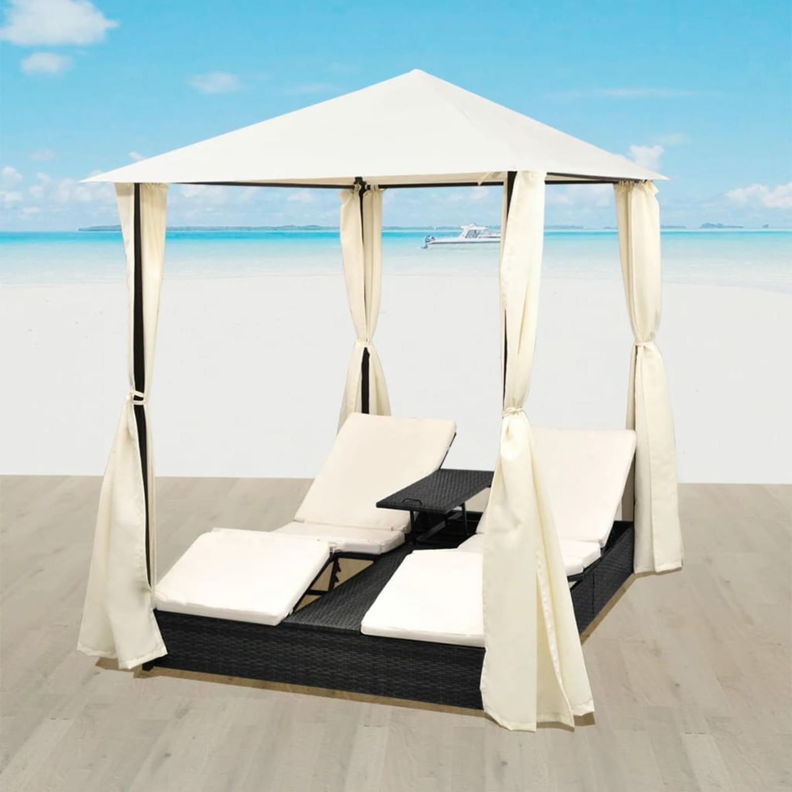 ShCuShan Tumbona Doble con Cortinas ratán sintético Negro Cama Jardin Exterior tumbonas de Piscina Tumbona Doble Tumbona de Ratan