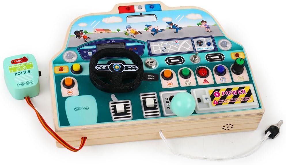JAUNTY Montessori Sound Busy Board for Toddlers 1 2 3 Years Old, Wooden Police Car Sensory Toy with LED Light Switches, Recordable Walkie-Talkie, Travel Toys for 1+ Year Old Baby and Toddler