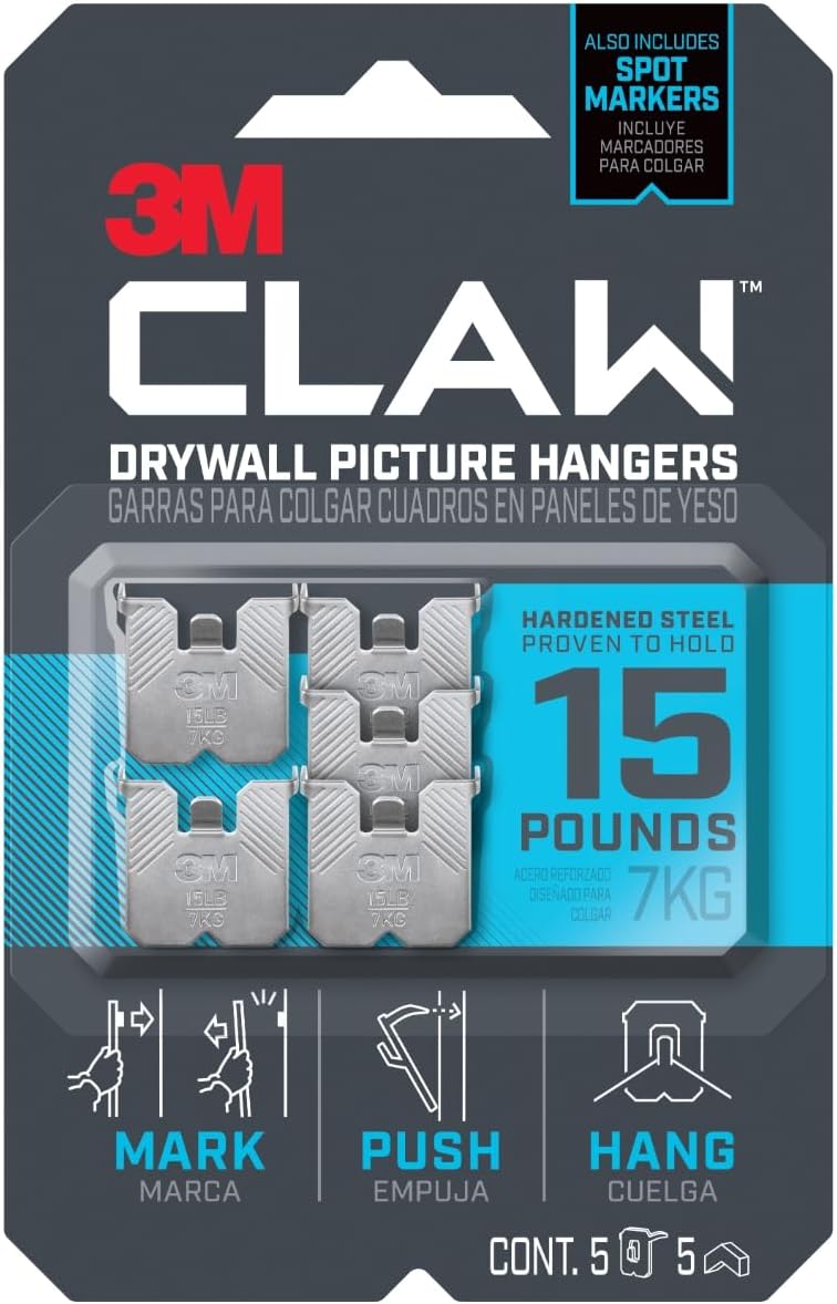3M Claw 15 lb Drywall Picture Hangers 5 Pack with Spot Markers - Heavy Duty No Stud Hooks for Mirrors, Art & Frames
