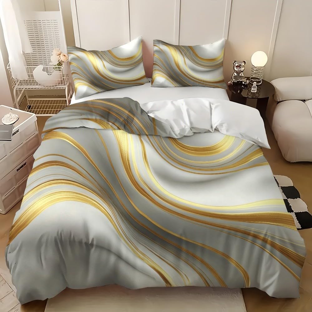 Copripiumino 155x200 cm Oro 3 pezzi, microfibra ipoallergenica | Chiusura a cerniera con 2 federe 50x80 cm Astratto Lussuose Onde di Marmo morbido e adatto a bambini e adulti