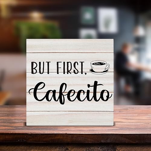 Miniatura 3 de Letrero de madera con texto en inglés But First Cafecito para decoración de escritorio, caja de madera de café para cocina, estante de cocina,