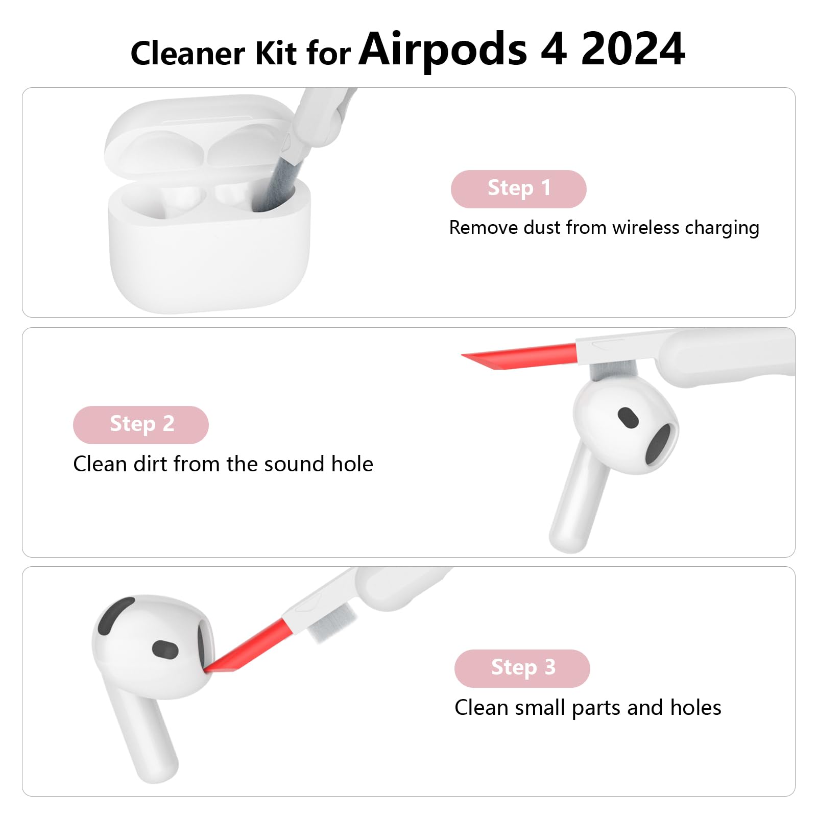 Custodia in Silicone Compatibile con AirPods 4 Case, LED Anteriore Visibile, Case Cover Protettiva Antiurto in Silicone Morbido per Airpods 4 Generazione 2024 con Kit di Pulizia, Rosa - 4