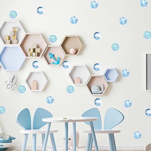 7 hojas de 84 calcomanías de pared de lunares de acuarela azul cielo, calcomanías de pared de arte circular, removibles de vinilo extraíble para