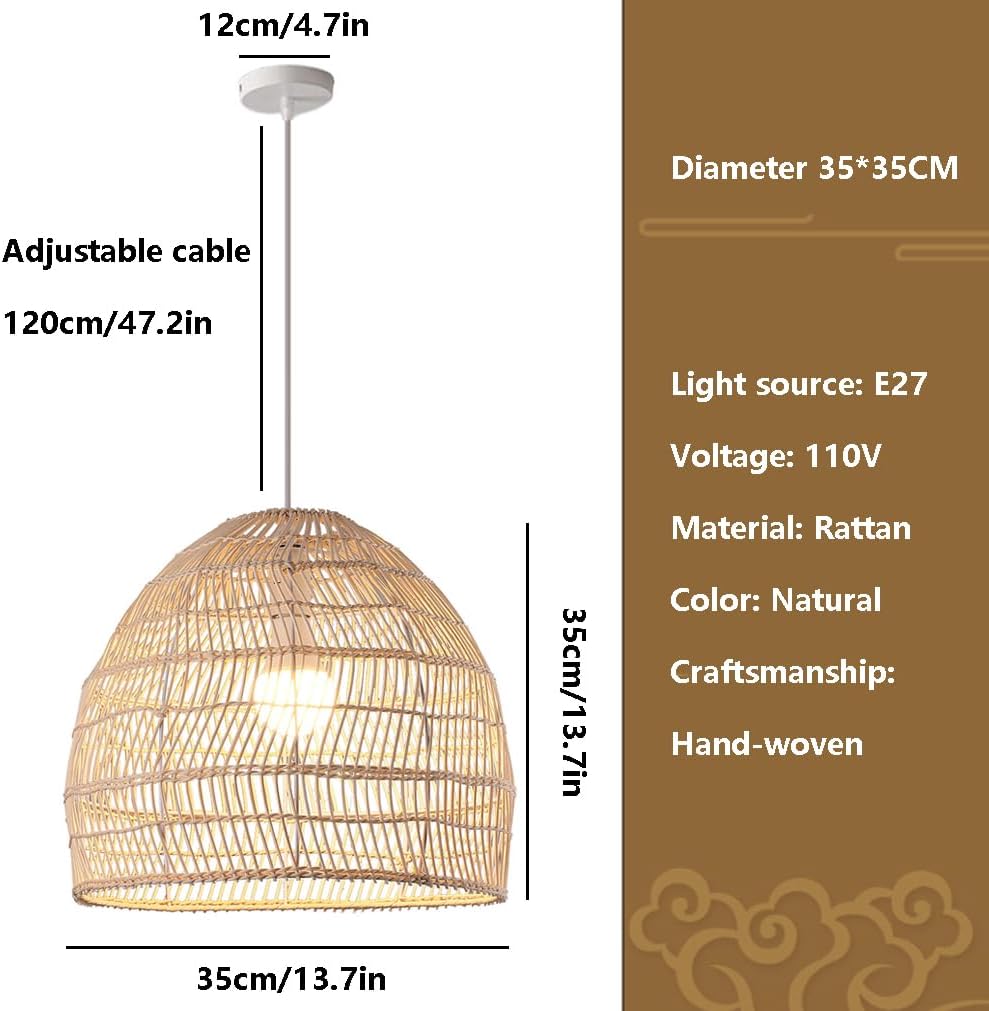 Rattan Hanging Light Bamboo Lamp Shade, 13.7in Wicker Chandelier Light Fixture Retro Japanese Rattan Basket Ceiling Lamp Ceiling Dining Room Kitchen Restaurant Tea Room Bedroom Living Room