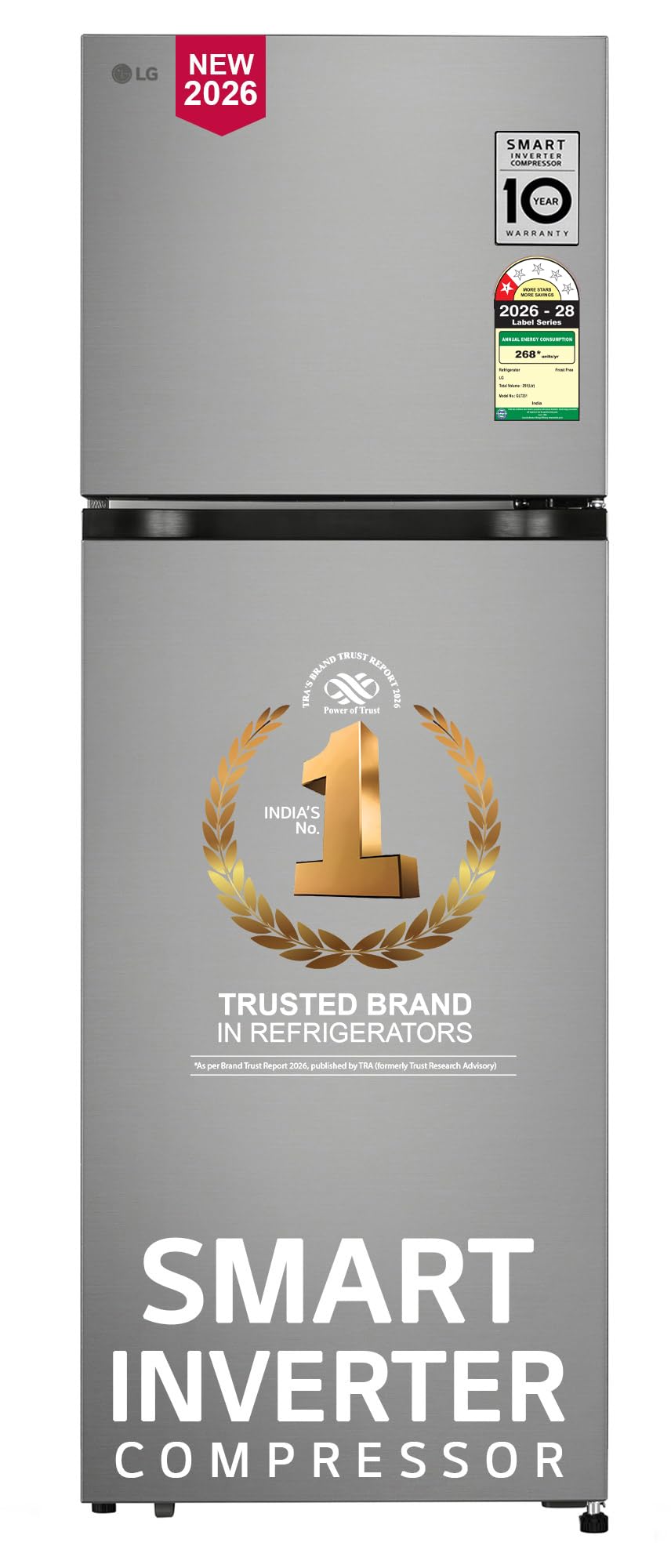 LG 251 L, 1 Star, Frost-Free Smart Inverter Double Door Refrigerator with Smart Mode (GLT2516WWPZ, Shiny Steel, Multi Air Flow Cooling with Max Fresh Zone, 2026 Model)