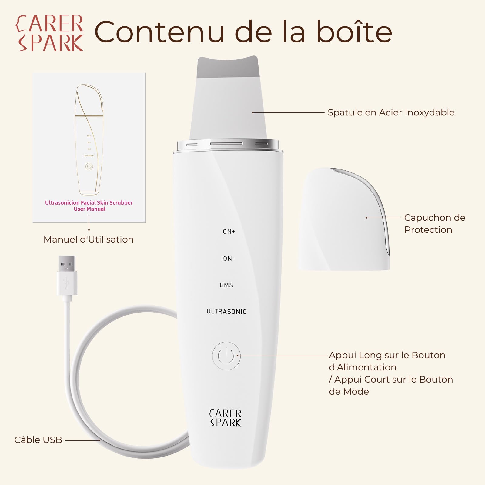 CARER SPARK Épurateur de Peau Ultrasonique - Spatule Visage à Ultrasons EMS Ions Lumière Rouge et Bleue, 4 Modes pour Nettoyage en Profondeur Élimination des Points Noirs Exfoliation Douce