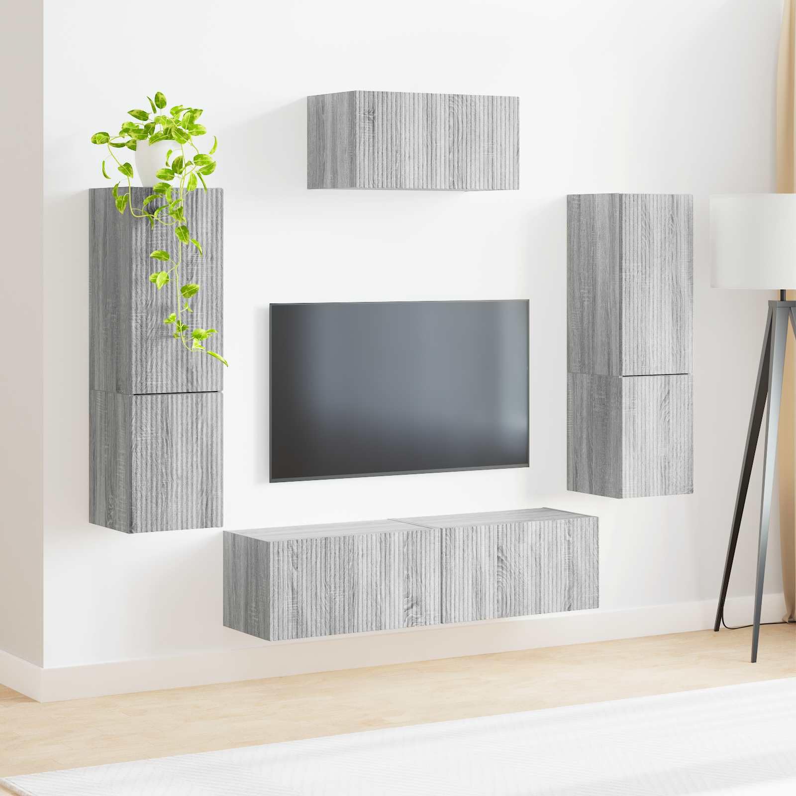 TV-Schrankset Wandmontiert 4-teilig, Graues Sonoma Holzwerkstoff, Modernes Media Center für Wohnzimmer, Schlafzimmer, Stauraum