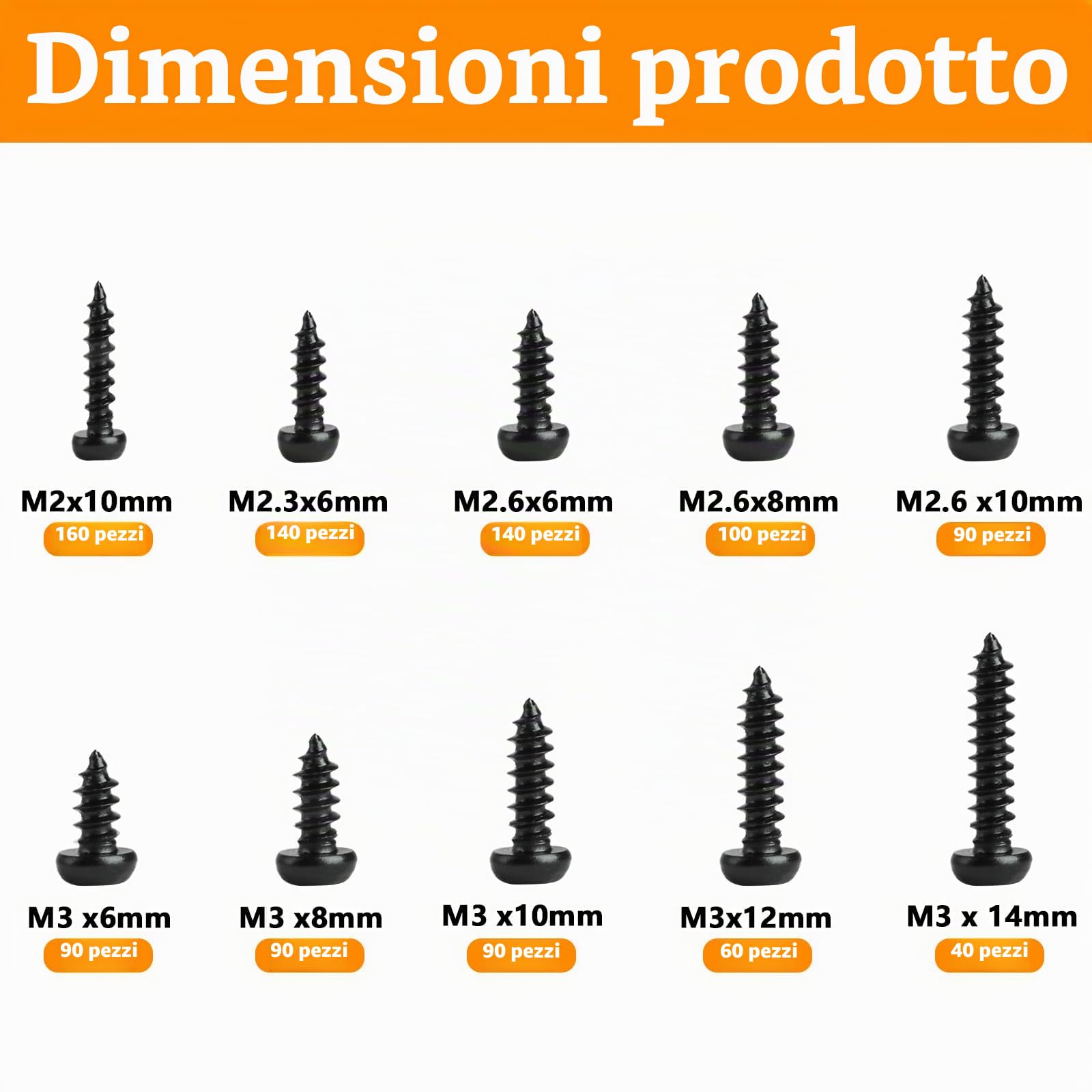 1000 Pz M2 M2.3 M2.6 M3 Viti Autofilettanti per Legno, Viti a Testa Pan Nere, Viti per Legno, Kit Assortimento Viti Torx a Testa Tonda Piccola per Lamiera di Legno in Plastica